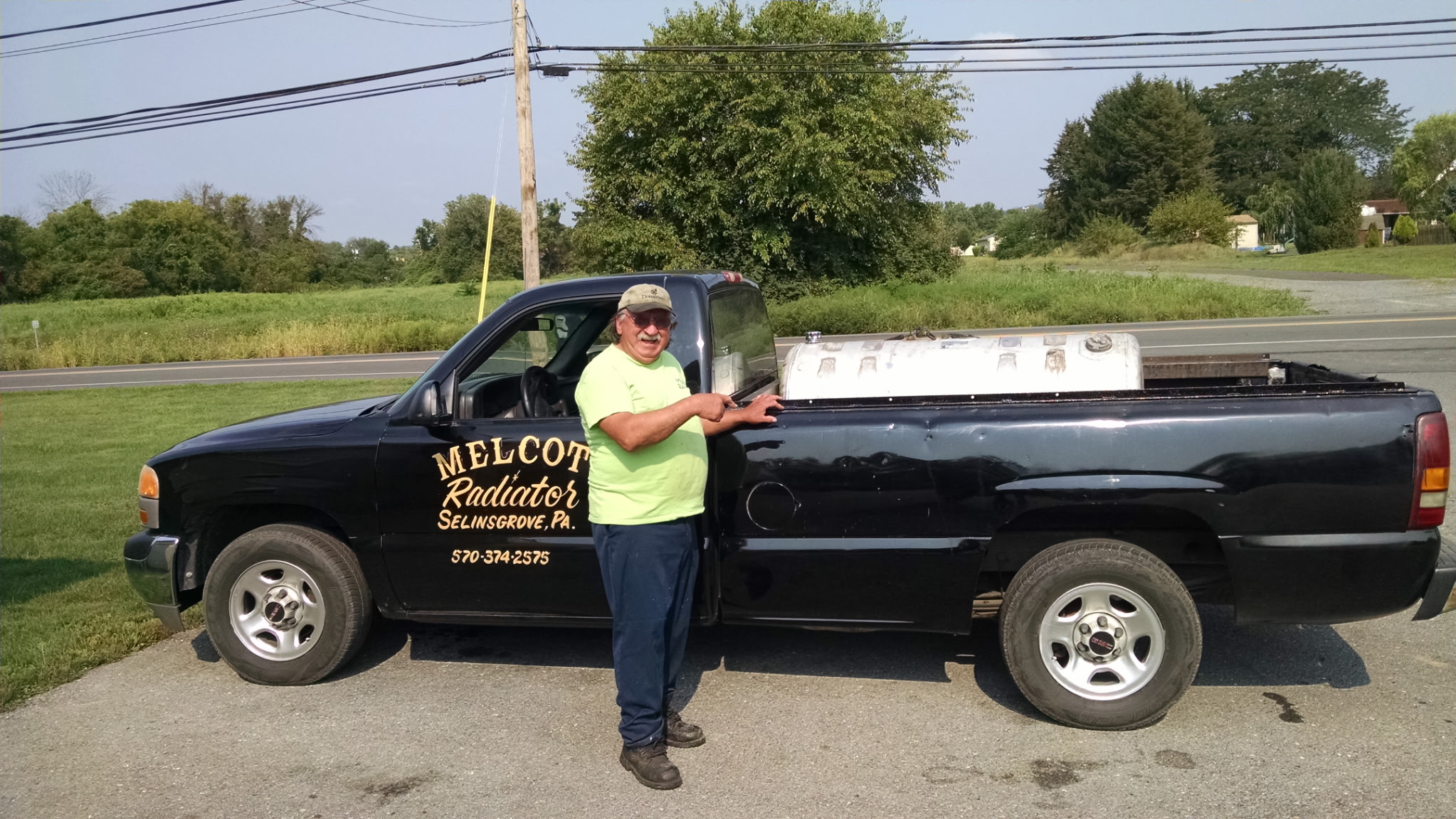 The Melcot Radiator pickup truck, lettered with the shop name and phone number, in Selinsgrove, PA